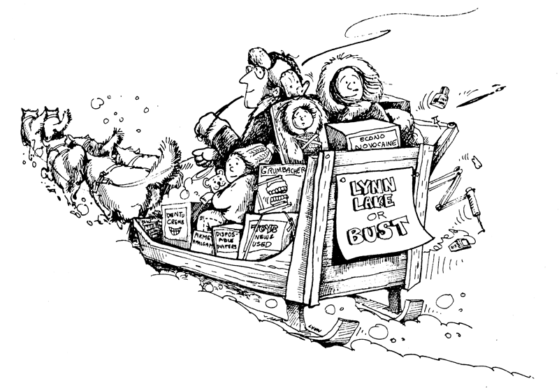 A drawing of the Johnston family, travelling to Lynn Lake by dogsled.