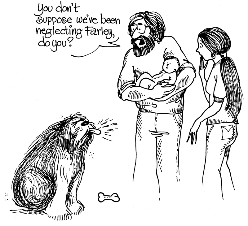 A drawing of Lynn and her first husband, Doug, holding baby Aaron and wondering if they might be neglecting Farley, who sticks his tongue out at them.