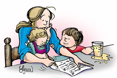 Elly tries to write a letter with Michael and Lizzie helping.