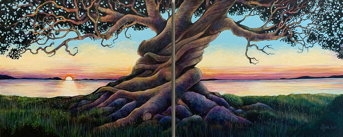 A tree in front of a lake at sunset