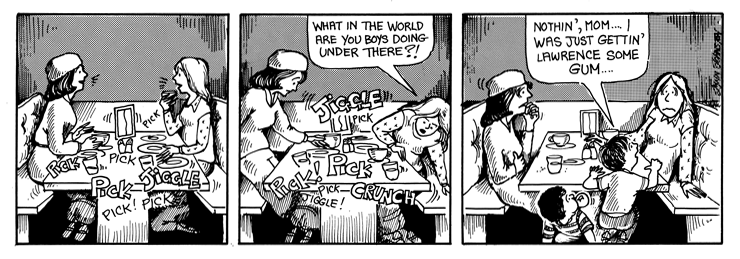 Michael scrapes gum off the bottom of a table for Lawrence.