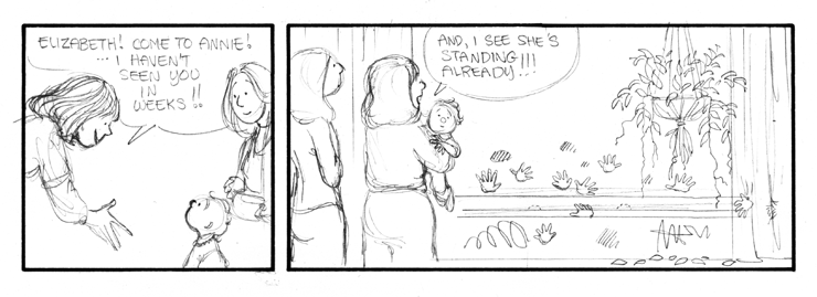 Anne can see Lizzie is standing because of the handprints everywhere.