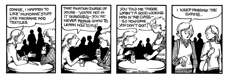 Connie doesn't like aviation but she keeps passing the exams.