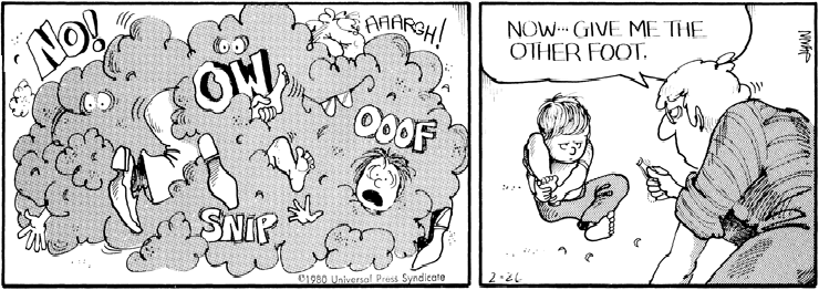 John tries to cut Michael's toenails.