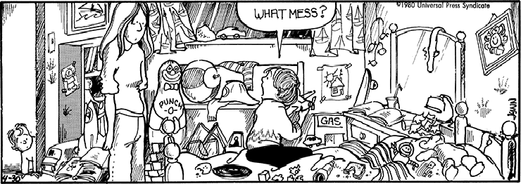 Michael asks what mess Elly is talking about, in his messy room.