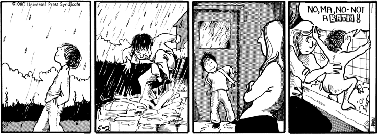 Michael happily plays in the rain, but doesn't want a bath.