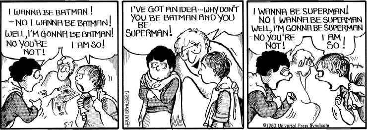 Michael and Lawrence argue over who gets to be Batman or Superman.